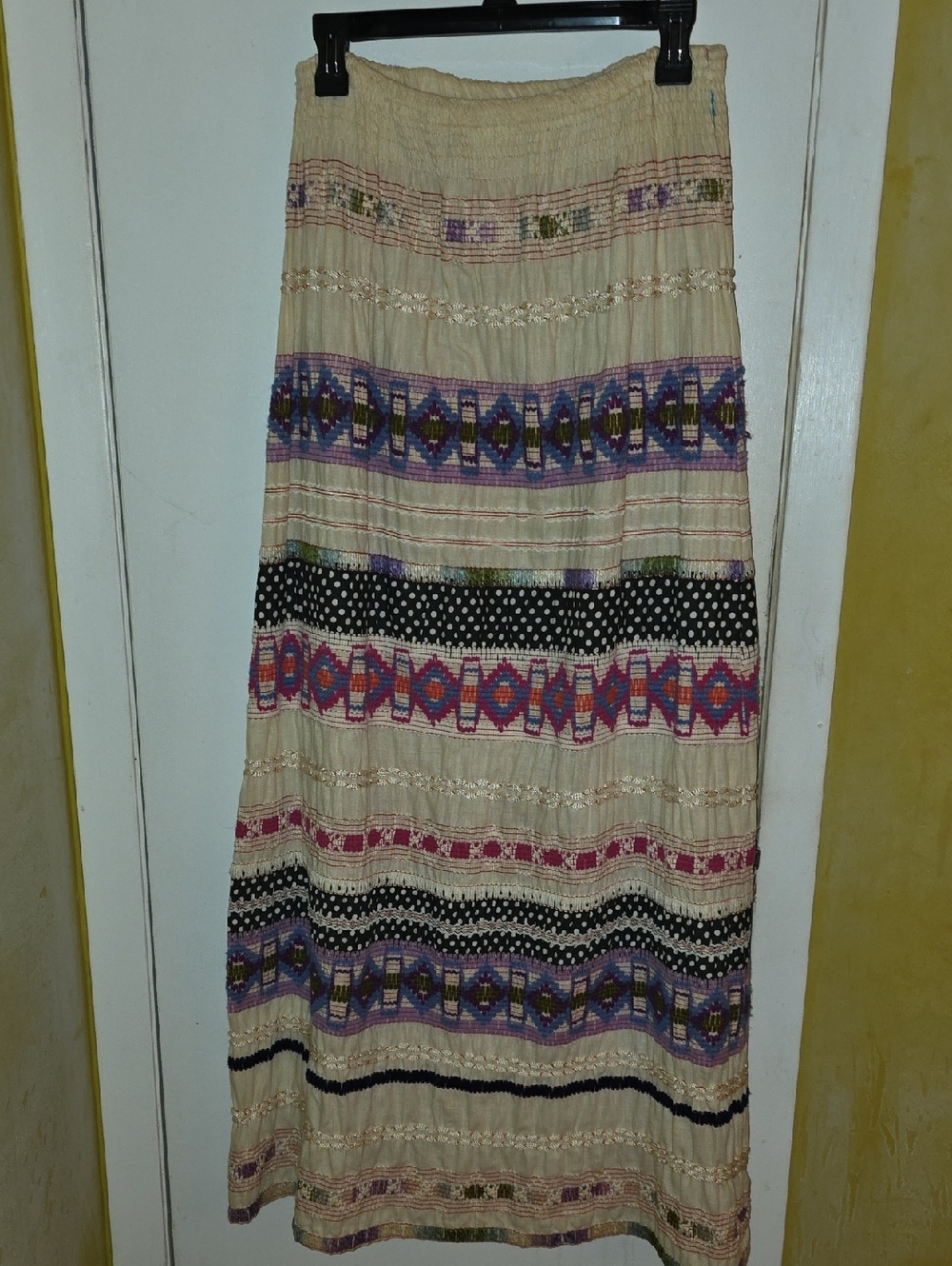 Cream Boho Maxi Skirt with Multicolor Embroidered Stripes